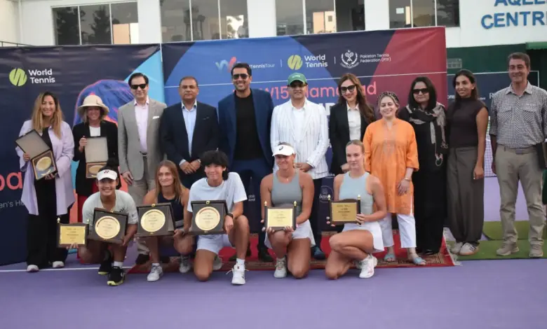 Astrid Cirotte and other winners at the W-15 Islamabad tennis championship closing ceremony
